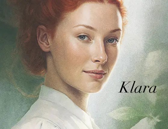 Portrett av Klara fra Rosehagen, ung dame med rødt hår og grønne øyne. Illustrasjon